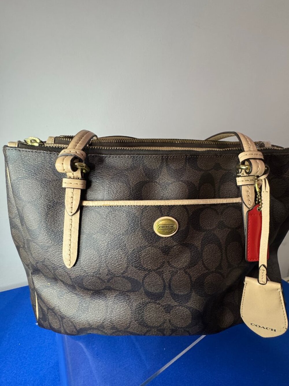 Coach Signature Peyton Double Zip Carryall Shoulder Bag Purse